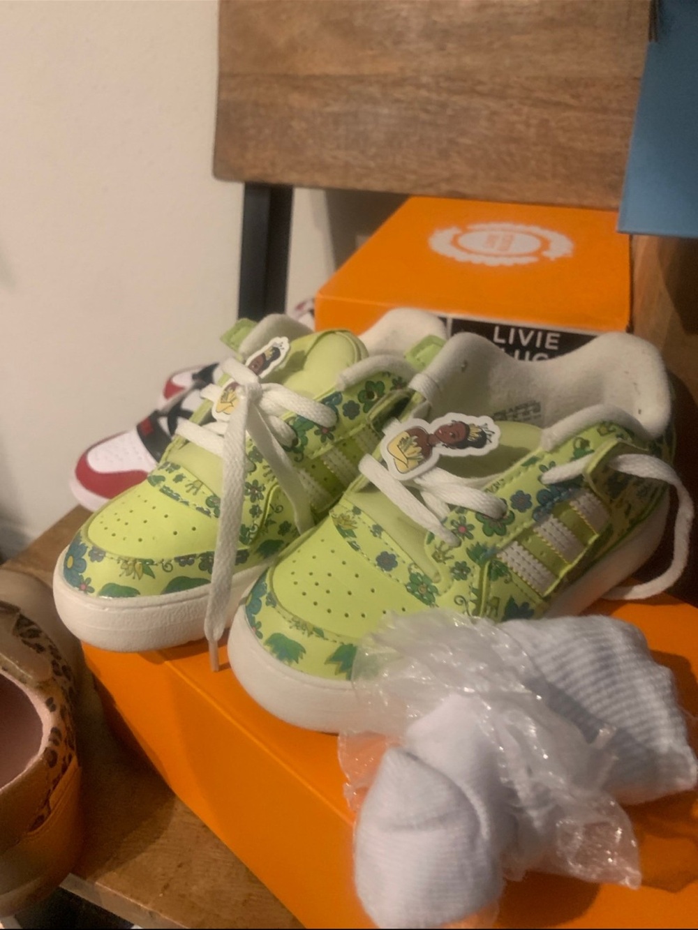 adidas Kids Light Green Floral Sneakers with White Accents